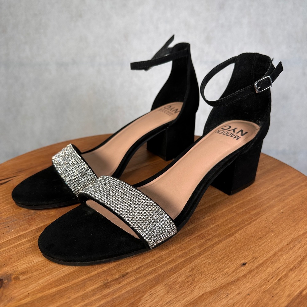 Madden NYC Block Heel Sandals Womens 10 Black Rhinestone Good Strappy Heels